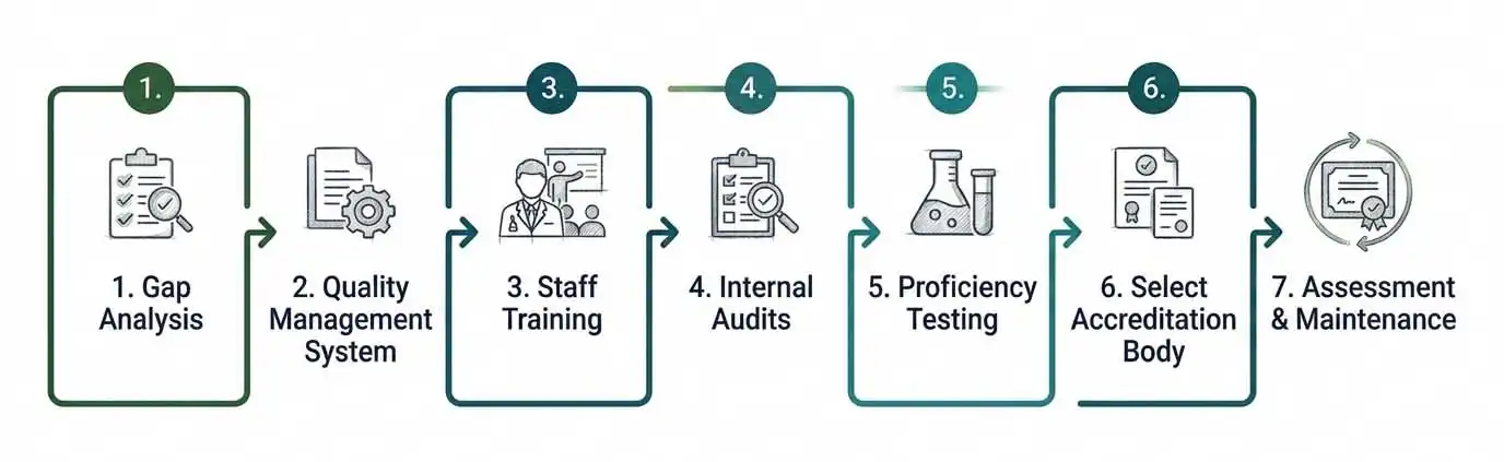 Horizontal process infographic titled 'Steps to Achieve Accreditation' showing a 7-step flowchart from left to right: 1. Gap Analysis, 2. Quality Management System, 3. Staff Training, 4. Internal Audits, 5. Proficiency Testing, 6. Select Accreditation Body, and 7. Assessment & Maintenance. Rendered in a clean vector style with dark navy and teal icons on a solid white background